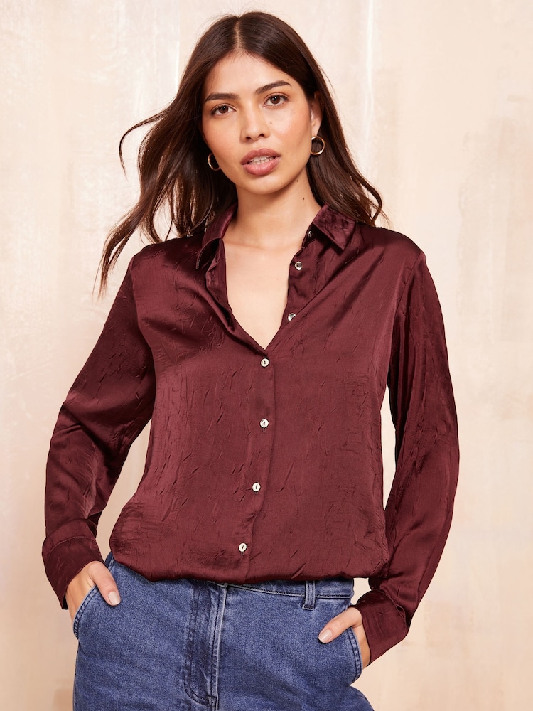 Friends Like These Burgundy Red Long Sleeve Crushed Satin Shirt - Image 2 of 4