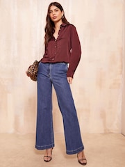 Friends Like These Burgundy Red Long Sleeve Crushed Satin Shirt - Image 3 of 4