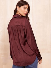 Friends Like These Burgundy Red Long Sleeve Crushed Satin Shirt - Image 4 of 4