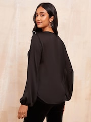 Friends Like These Black Tipped Long Sleeve Ruffle Front Blouse - Image 2 of 4