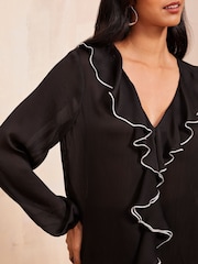 Friends Like These Black Tipped Long Sleeve Ruffle Front Blouse - Image 3 of 4