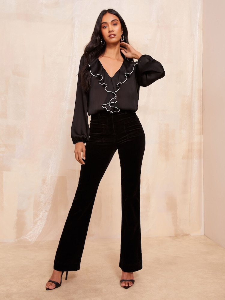 Friends Like These Black Tipped Long Sleeve Ruffle Front Blouse - Image 4 of 4