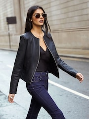 Friends Like These Black Petite Faux Leather Short Collarless Jacket - Image 1 of 4