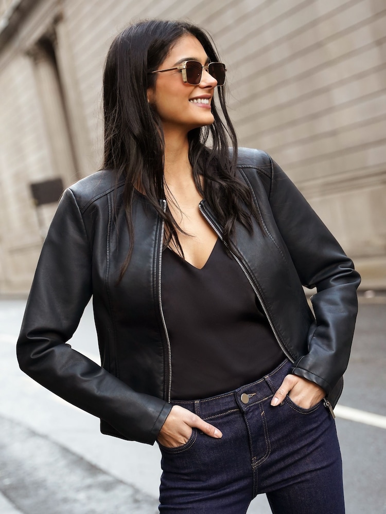 Friends Like These Black Petite Faux Leather Short Collarless Jacket - Image 2 of 4