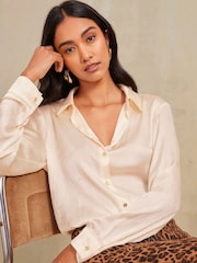 Friends Like These Oyster Long Sleeve Crushed Satin Shirt - Image 1 of 4