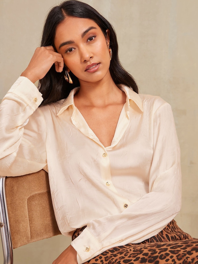 Friends Like These Oyster Long Sleeve Crushed Satin Shirt - Image 1 of 4