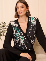 Love & Roses Black Woven Mix Printed Wrap Knitted Top - Image 1 of 4