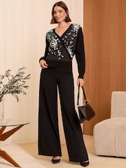 Love & Roses Black Woven Mix Printed Wrap Knitted Top - Image 3 of 4