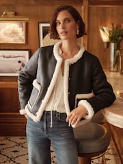 Love & Roses Black Faux Leather Collarless Shearling Jacket - Image 1 of 4