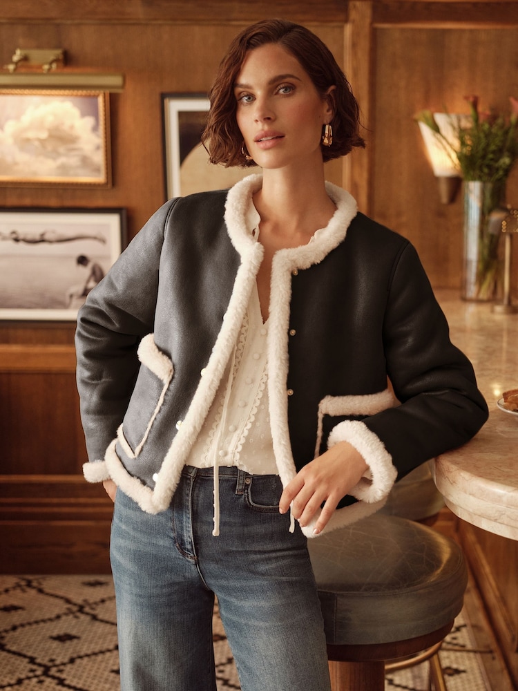 Love & Roses Black Faux Leather Collarless Shearling Jacket - Image 1 of 4