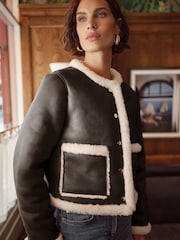 Love & Roses Black Faux Leather Collarless Shearling Jacket - Image 2 of 4