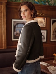 Love & Roses Black Faux Leather Collarless Shearling Jacket - Image 4 of 4