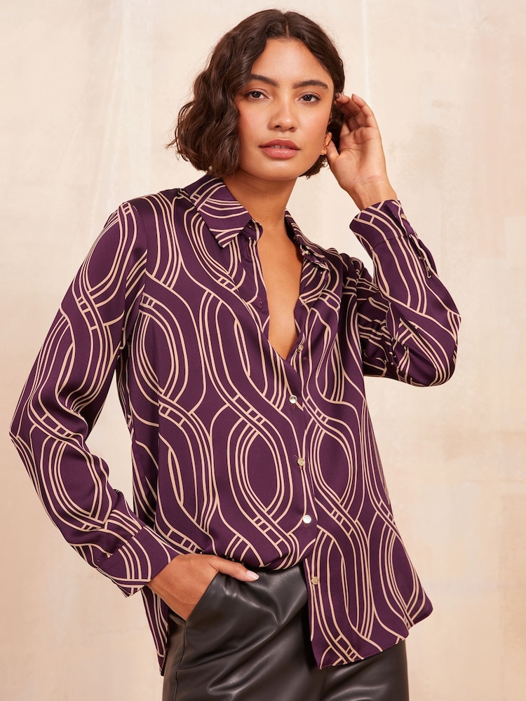 Friends Like These Burgundy Satin Long Sleeve Button Through Shirt - Image 1 of 4
