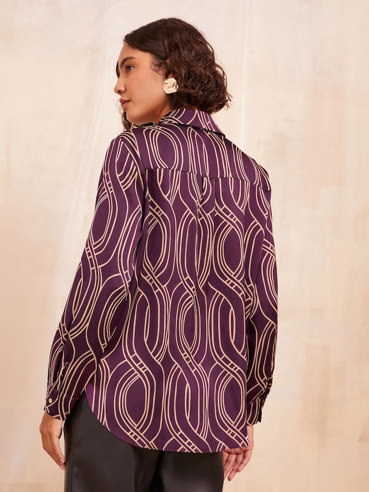 Friends Like These Burgundy Satin Long Sleeve Button Through Shirt - Image 4 of 4