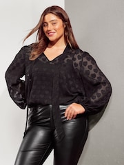Friends Like These Black Curve Tie Neck Printed Sheer Blouse - Image 1 of 4