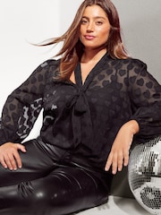 Friends Like These Black Curve Tie Neck Printed Sheer Blouse - Image 2 of 4