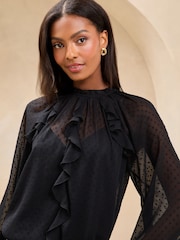 Lipsy Black Ruffle Trim Dobby Fabric Blouse - Image 1 of 4