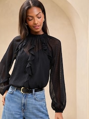 Lipsy Black Ruffle Trim Dobby Fabric Blouse - Image 2 of 4