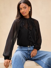 Lipsy Black Ruffle Trim Dobby Fabric Blouse - Image 3 of 4