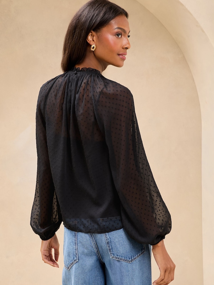 Lipsy Black Ruffle Trim Dobby Fabric Blouse - Image 4 of 4