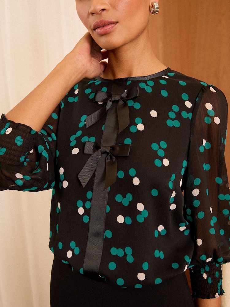 Schwarz gepunktet - Love & Roses Bluse mit Rundhalsausschnitt und 3/4 Ärmeln und Schleifendetail - Image 3 of 4