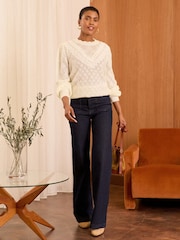 Love & Roses Ivory White Pointelle Rufffle Sleeve Knitted Jumper With a Touch of Wool - Image 3 of 4