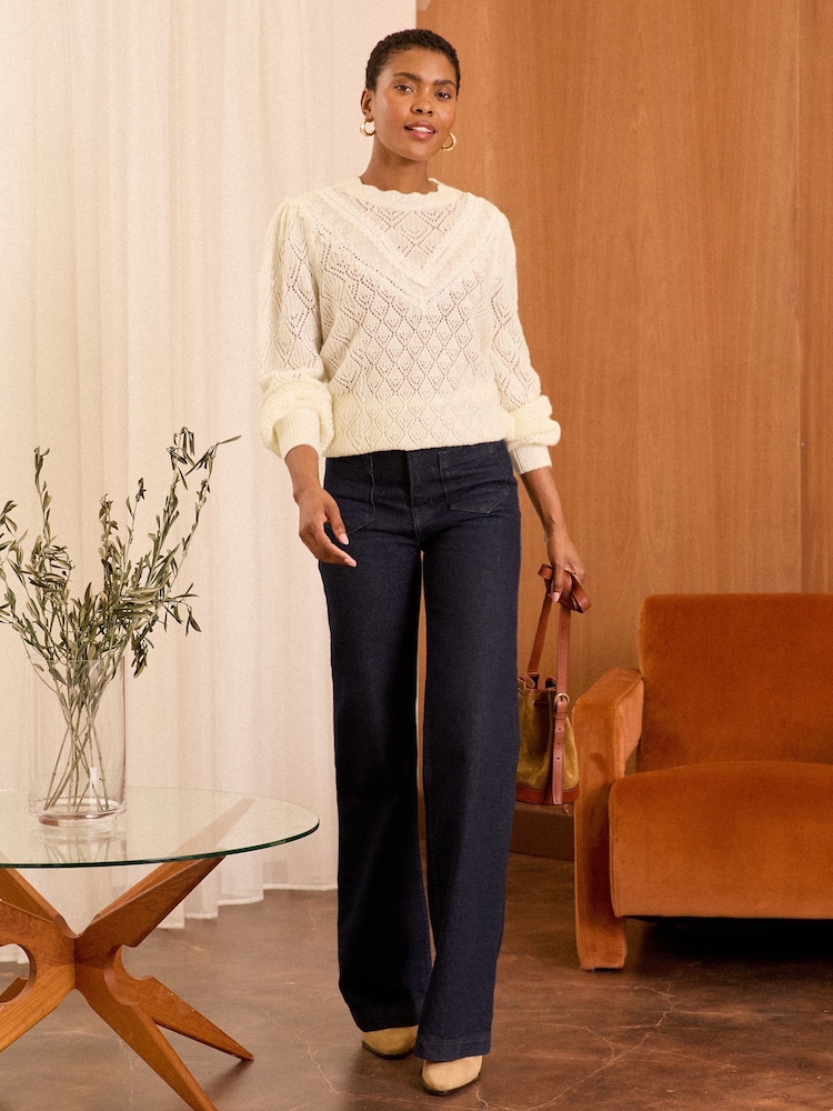 Love & Roses Ivory White Pointelle Rufffle Sleeve Knitted Jumper With a Touch of Wool - Image 3 of 4
