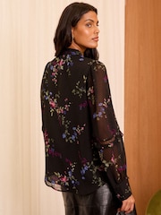 Love & Roses Black Floral Printed Ruffle Button Through Long Sleeve Blouse - Image 4 of 4