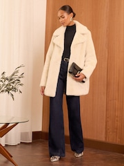 Love & Roses Cream Collared Faux Fur Coat - Image 3 of 4