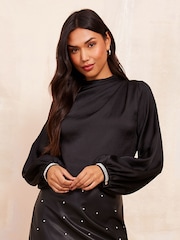 Friends Like These Black Long Sleeve Satin Drape Blouse - Image 1 of 4