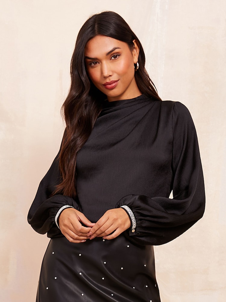 Friends Like These Black Long Sleeve Satin Drape Blouse - Image 1 of 4