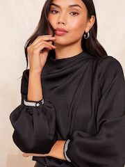 Friends Like These Black Long Sleeve Satin Drape Blouse - Image 2 of 4
