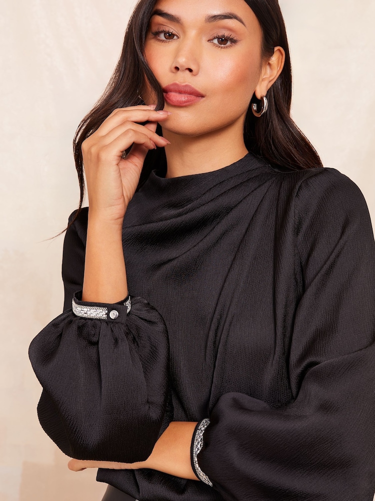 Friends Like These Black Long Sleeve Satin Drape Blouse - Image 2 of 4