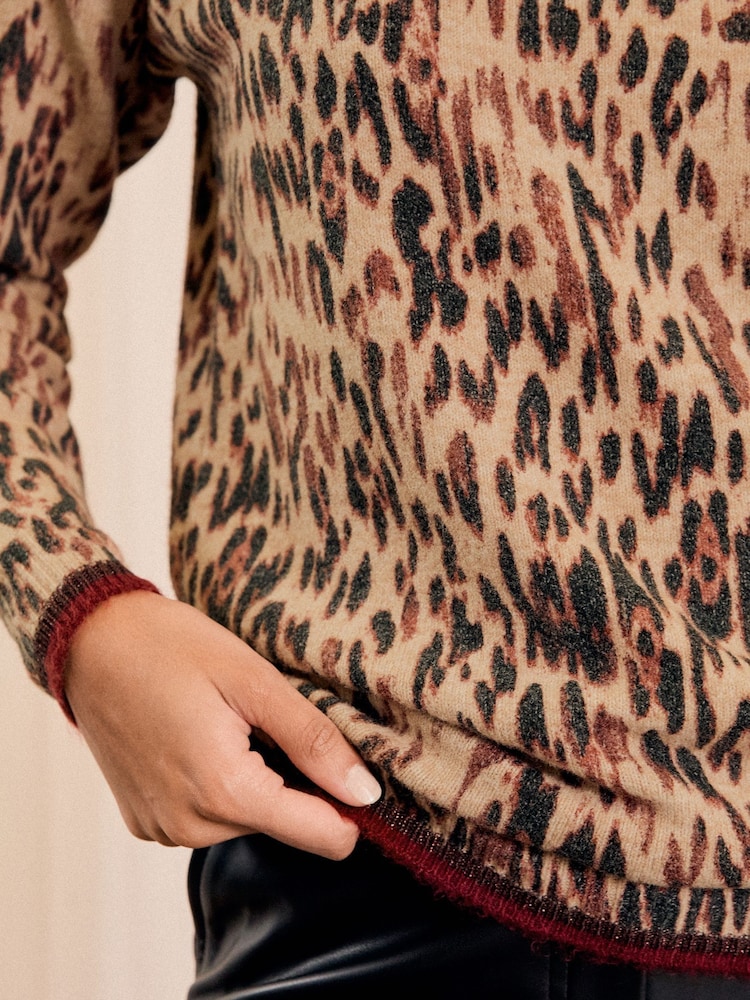 Love & Roses Brown Animal Print High Neck Knitted Jumper - Image 2 of 4