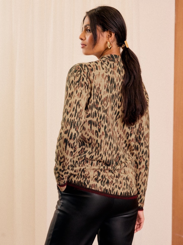 Love & Roses Brown Animal Print High Neck Knitted Jumper - Image 4 of 4