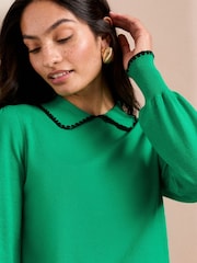 Love & Roses Green Crochet Stitch Collar Fine Gauge Knitted Jumper - Image 2 of 4