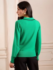 Love & Roses Green Crochet Stitch Collar Fine Gauge Knitted Jumper - Image 4 of 4