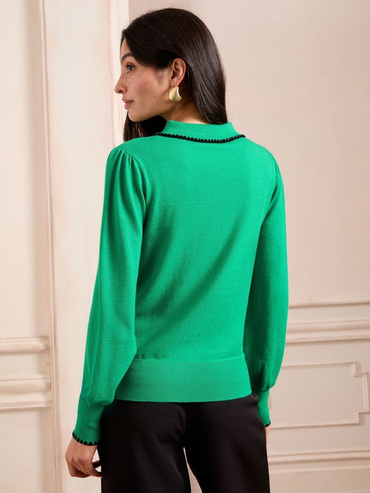 Love & Roses Green Crochet Stitch Collar Fine Gauge Knitted Jumper - Image 4 of 4