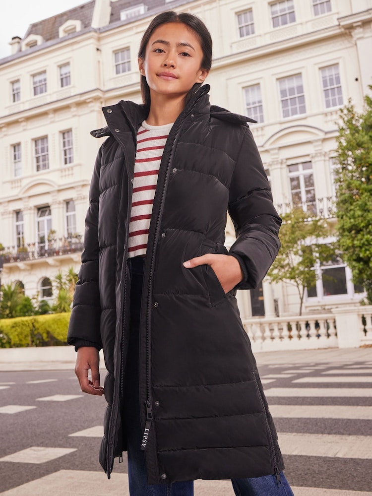 Lipsy Black Shower Resistant Soft Effect Fabric Midweight Padded Coat (5-16yrs) - Image 1 of 4