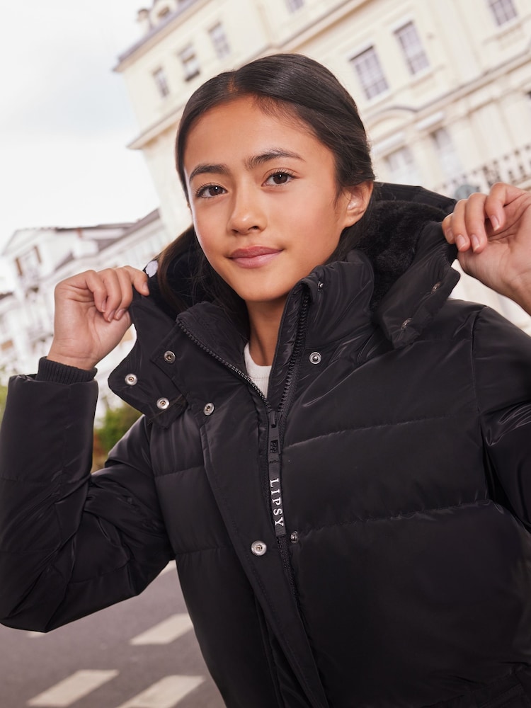 Lipsy Black Shower Resistant Soft Effect Fabric Midweight Padded Coat (5-16yrs) - Image 2 of 4