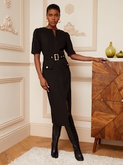 Love & Roses Black Tailored Belted V-Neck Short Sleeve Midi Dress - Image 1 of 4