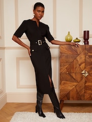 Love & Roses Black Tailored Belted V-Neck Short Sleeve Midi Dress - Image 2 of 4