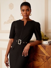 Love & Roses Black Tailored Belted V-Neck Short Sleeve Midi Dress - Image 3 of 4
