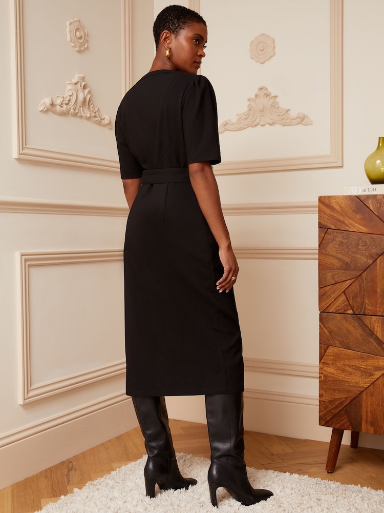 Love & Roses Black Tailored Belted V-Neck Short Sleeve Midi Dress - Image 4 of 4