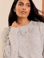 Love & Roses Grey 3D Floral Premium With Wool Crew Neck Knitted Jumper - Image 2 of 4