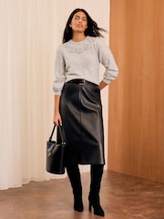 Love & Roses Grey 3D Floral Premium With Wool Crew Neck Knitted Jumper - Image 3 of 4
