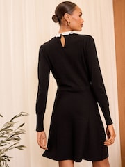 Love & Roses Black Collared Pussy Bow Detail Knitted Dress - Image 2 of 4