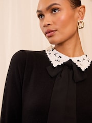 Love & Roses Black Collared Pussy Bow Detail Knitted Dress - Image 4 of 4