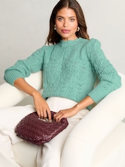 Lipsy Green Pointelle Stitch Scallop Edge Knit Jumper - Image 1 of 4