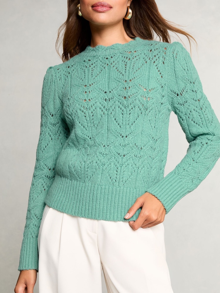 Lipsy Green Pointelle Stitch Scallop Edge Knit Jumper - Image 2 of 4